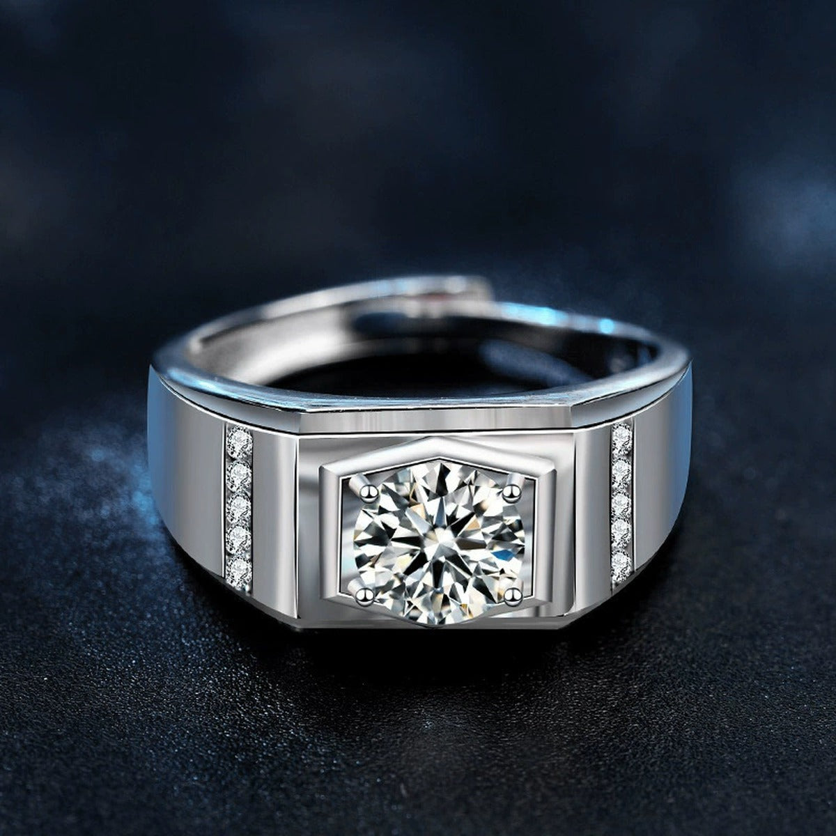 Raised Round Moissanite Men's Wedding Ring with CZ close-up detail view with moissanite sparkle