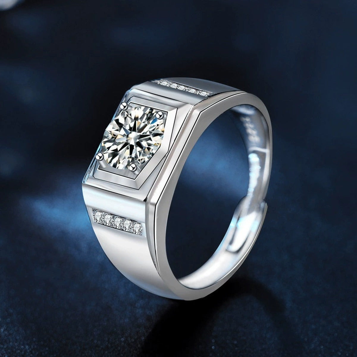 Raised Round Moissanite Men's Wedding Ring with CZ close-up detail view with moissanite sparkle