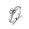 Cross-Band Four-Prong Round Moissanite Adjustable Engagement Ring with CZ in white gold-plated S925 sterling silver on clean white background