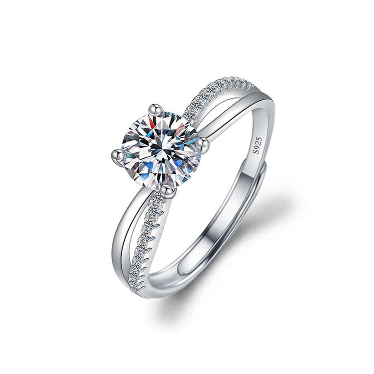 Cross-Band Four-Prong Round Moissanite Adjustable Engagement Ring with CZ in white gold-plated S925 sterling silver on clean white background