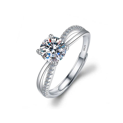 Cross-Band Four-Prong Round Moissanite Adjustable Engagement Ring with CZ in white gold-plated S925 sterling silver on clean white background
