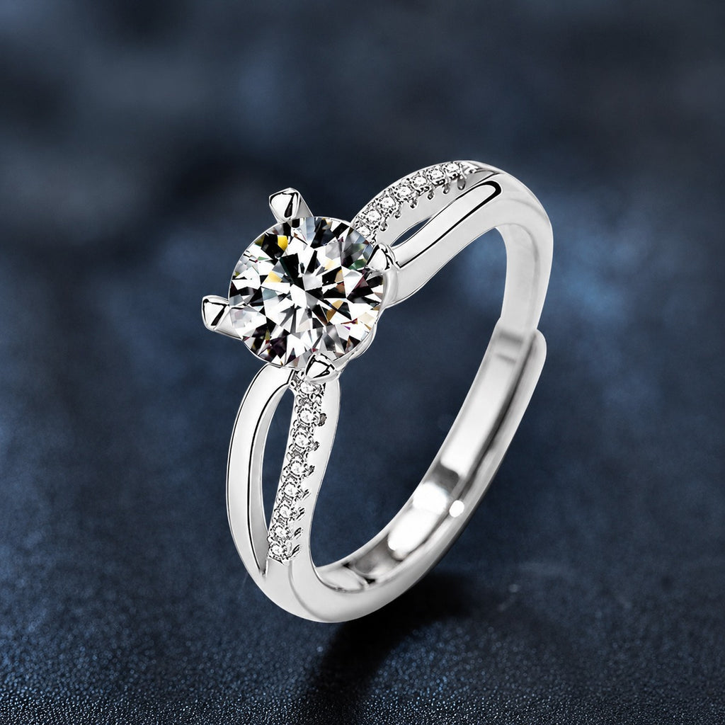 Cross-Band Four-Prong Round Moissanite Adjustable Engagement Ring with CZ product view showing moissanite setting and metal finish