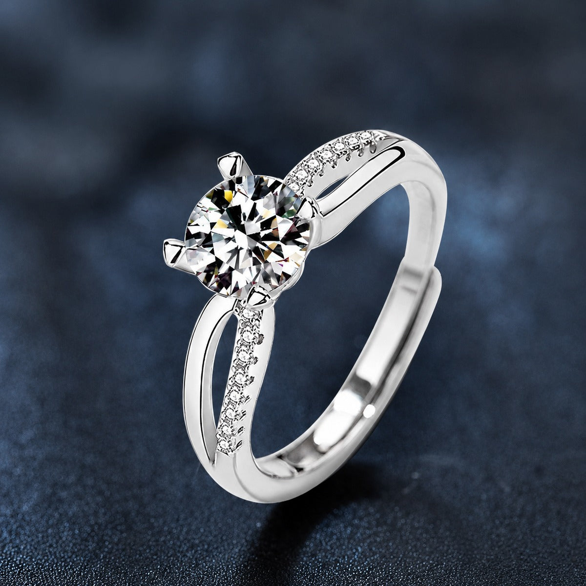 Cross-Band Four-Prong Round Moissanite Adjustable Engagement Ring with CZ product view showing moissanite setting and metal finish