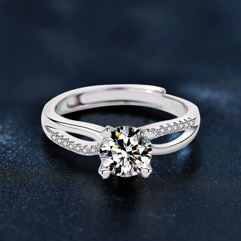 Cross-Band Four-Prong Round Moissanite Adjustable Engagement Ring with CZ product view showing moissanite setting and metal finish