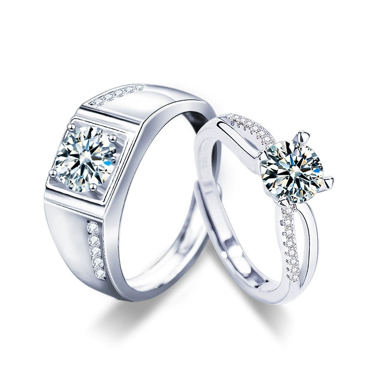 Round Moissanite Couples Wedding Rings with CZ in white gold-plated S925 sterling silver on clean white background