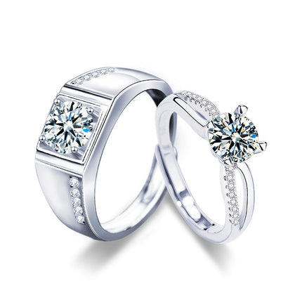 Round Moissanite Couples Wedding Rings with CZ in white gold-plated S925 sterling silver on clean white background