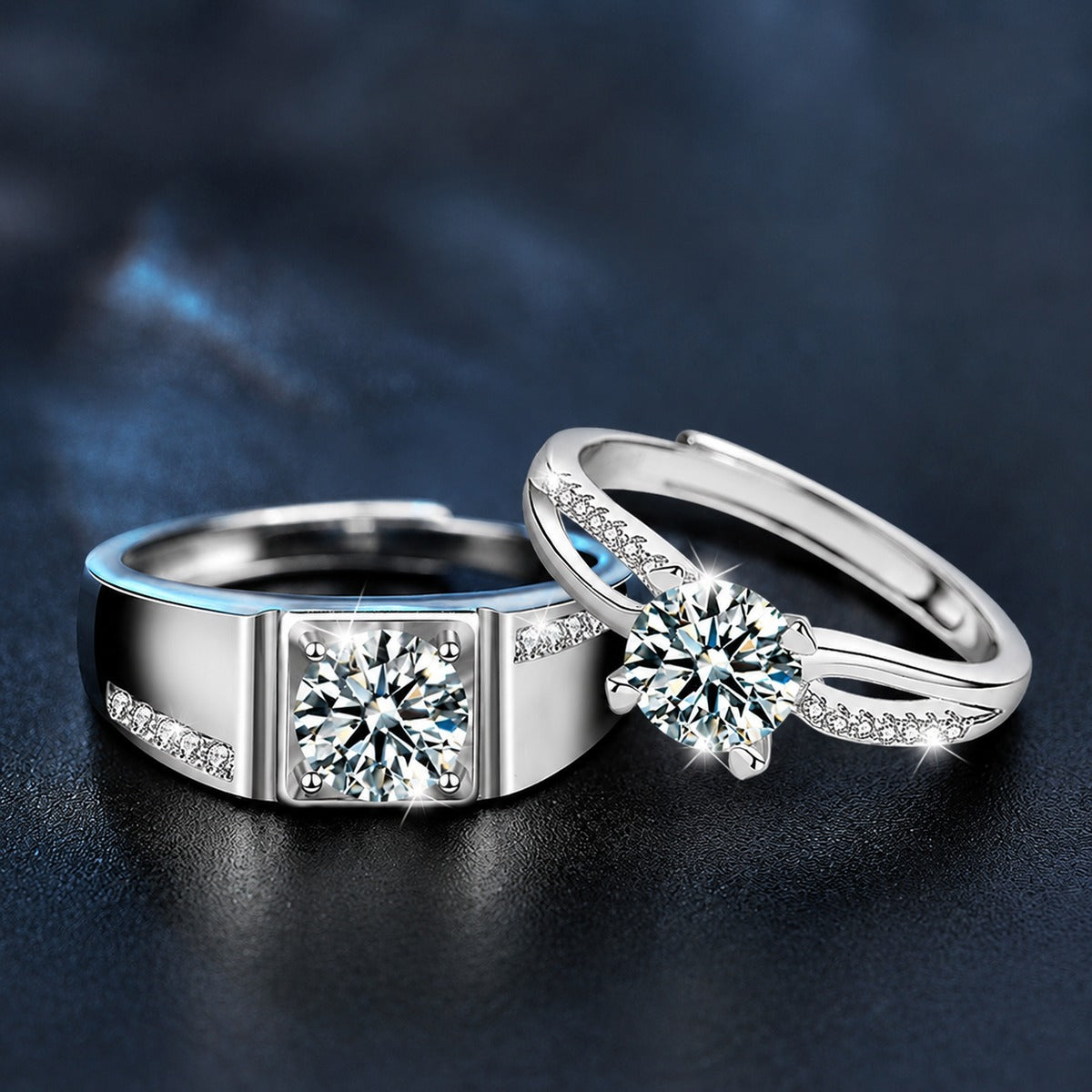 Round Moissanite Couples Wedding Rings with CZ close-up detail view with moissanite sparkle