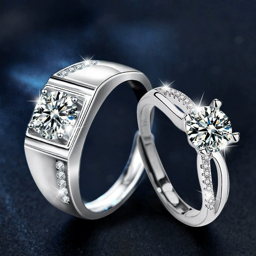Round Moissanite Couples Wedding Rings with CZ close-up detail view with moissanite sparkle