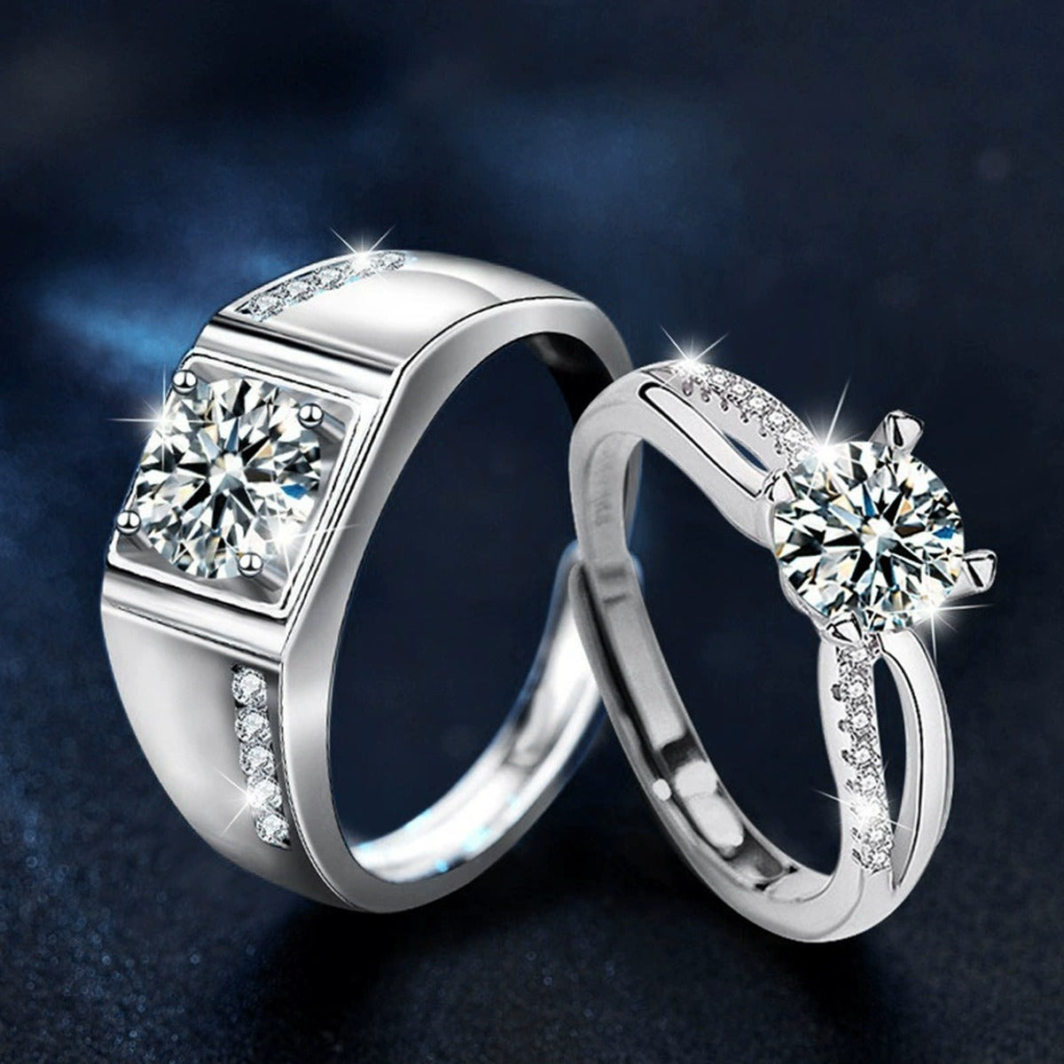 Round Moissanite Couples Wedding Rings with CZ close-up detail view with moissanite sparkle