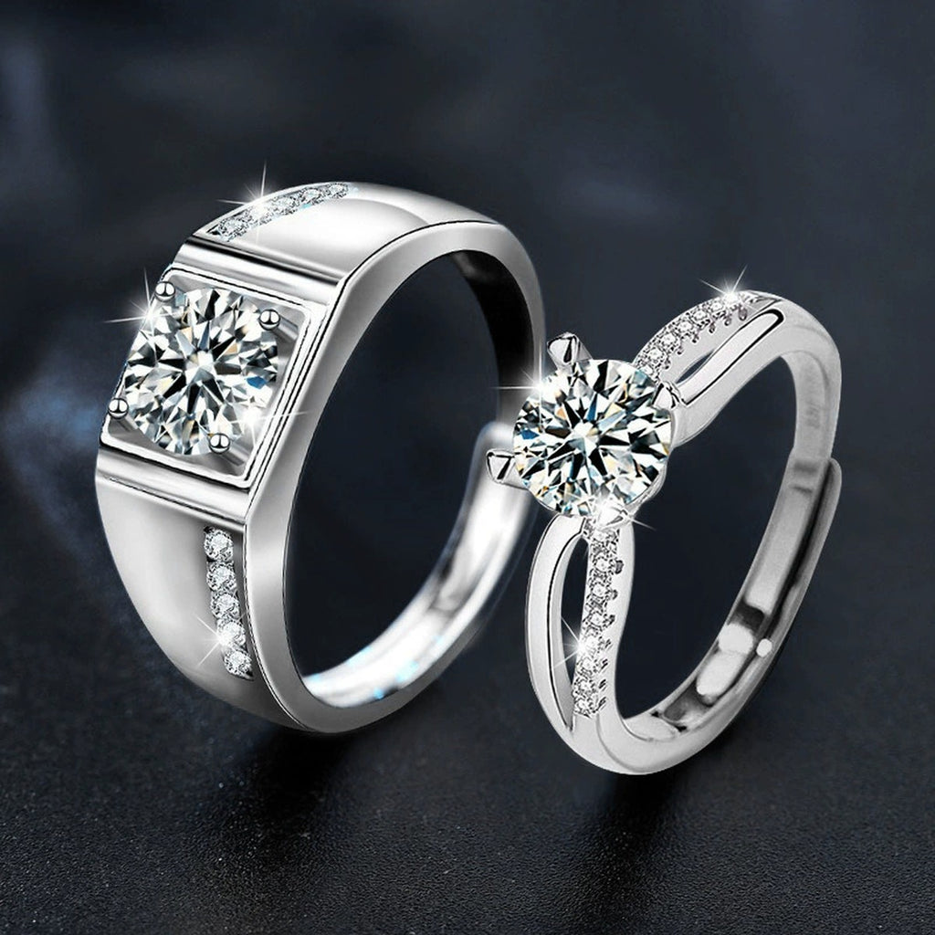 Round Moissanite Couples Wedding Rings with CZ close-up detail view with moissanite sparkle