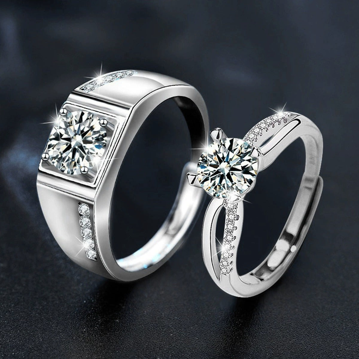 Round Moissanite Couples Wedding Rings with CZ close-up detail view with moissanite sparkle