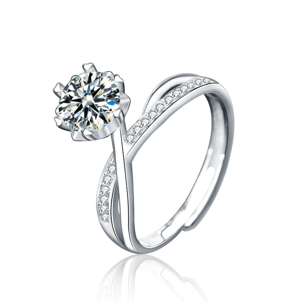 Six-Prong Round Moissanite Adjustable Engagement Ring with CZ in white gold-plated S925 sterling silver on clean white background