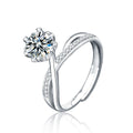 Six-Prong Round Moissanite Adjustable Engagement Ring with CZ in white gold-plated S925 sterling silver on clean white background