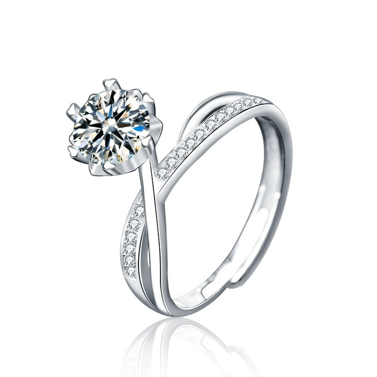 Six-Prong Round Moissanite Adjustable Engagement Ring with CZ in white gold-plated S925 sterling silver on clean white background