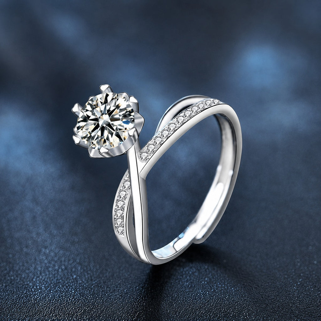 Six-Prong Round Moissanite Adjustable Engagement Ring with CZ product view showing moissanite setting and metal finish