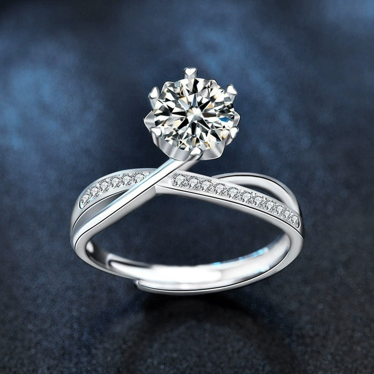 Six-Prong Round Moissanite Adjustable Engagement Ring with CZ product view showing moissanite setting and metal finish