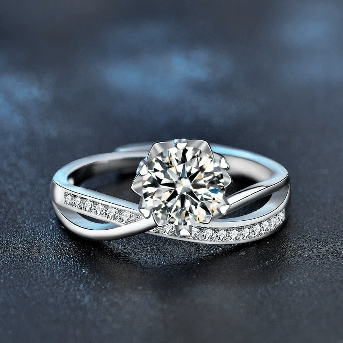 Six-Prong Round Moissanite Adjustable Engagement Ring with CZ product view showing moissanite setting and metal finish