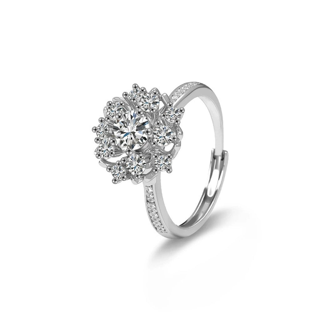 Floral Round Moissanite Adjustable Engagement Ring with CZ in white gold-plated S925 sterling silver on clean white background
