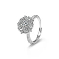 Floral Round Moissanite Adjustable Engagement Ring with CZ in white gold-plated S925 sterling silver on clean white background