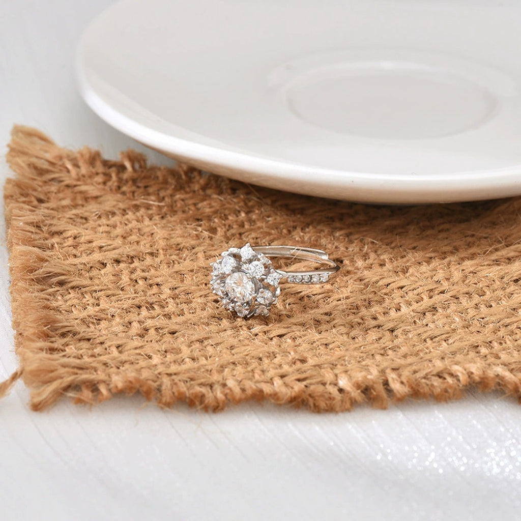 Floral Round Moissanite Adjustable Engagement Ring with CZ detailed product photo showing ring shape and stone setting