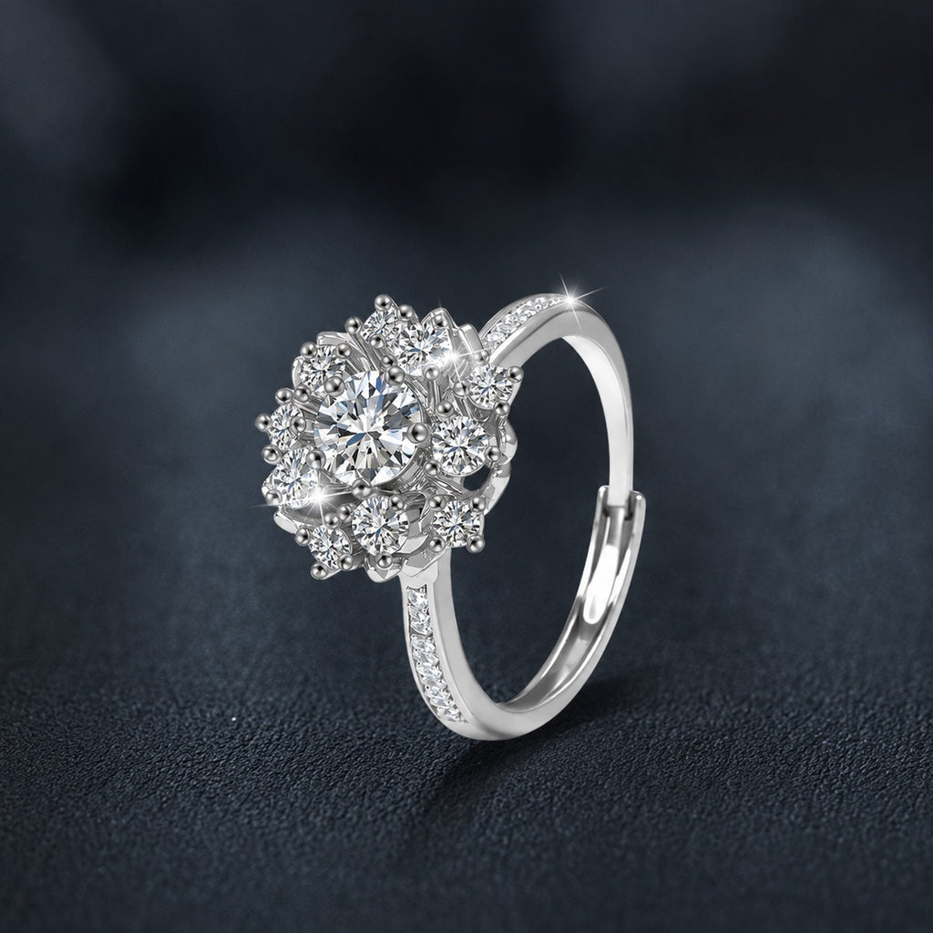 Floral Round Moissanite Adjustable Engagement Ring with CZ close-up detail view with moissanite sparkle