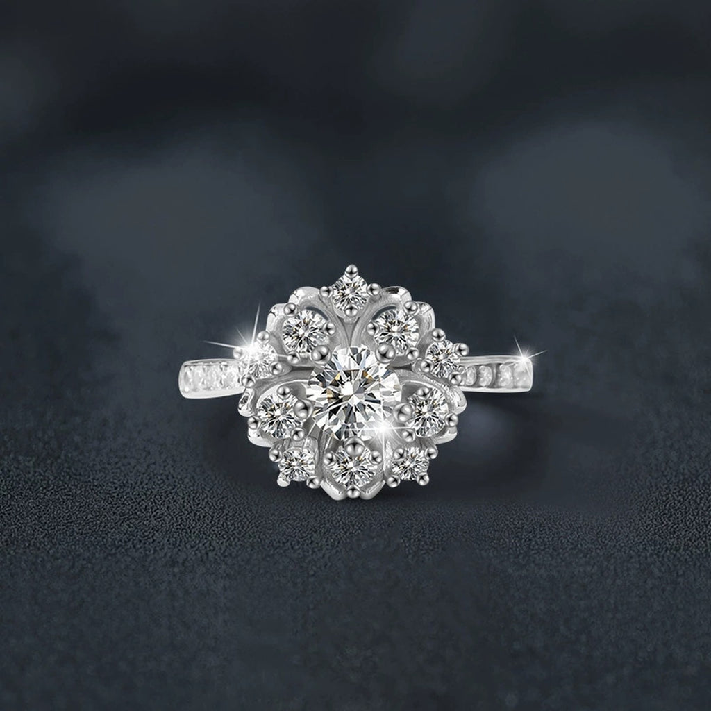 Floral Round Moissanite Adjustable Engagement Ring with CZ close-up detail view with moissanite sparkle