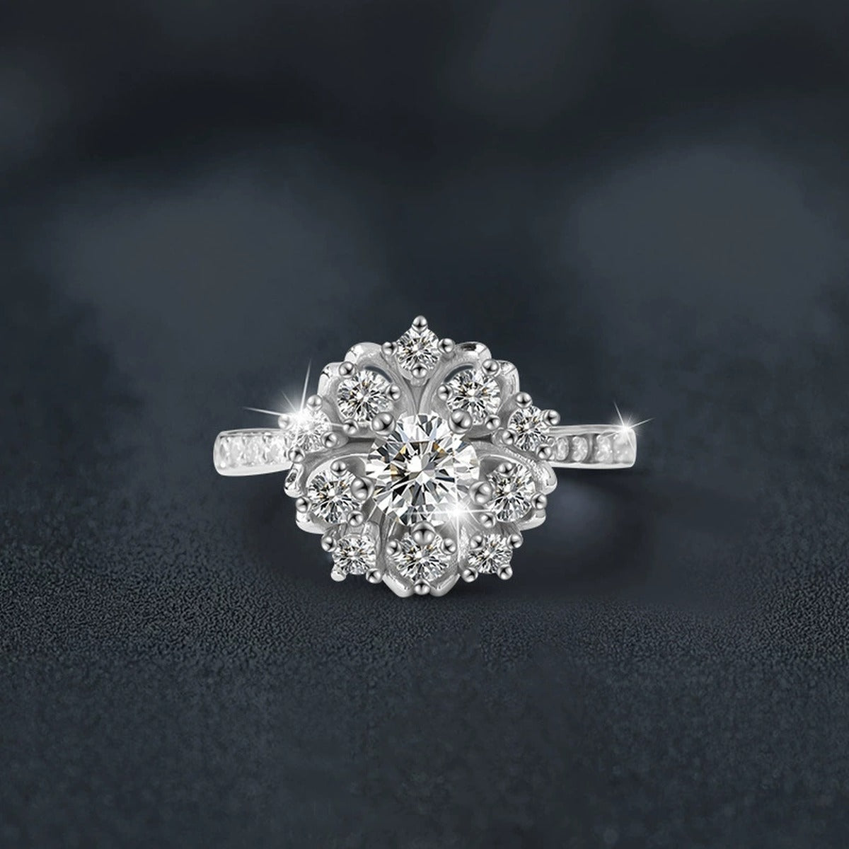 Floral Round Moissanite Adjustable Engagement Ring with CZ close-up detail view with moissanite sparkle