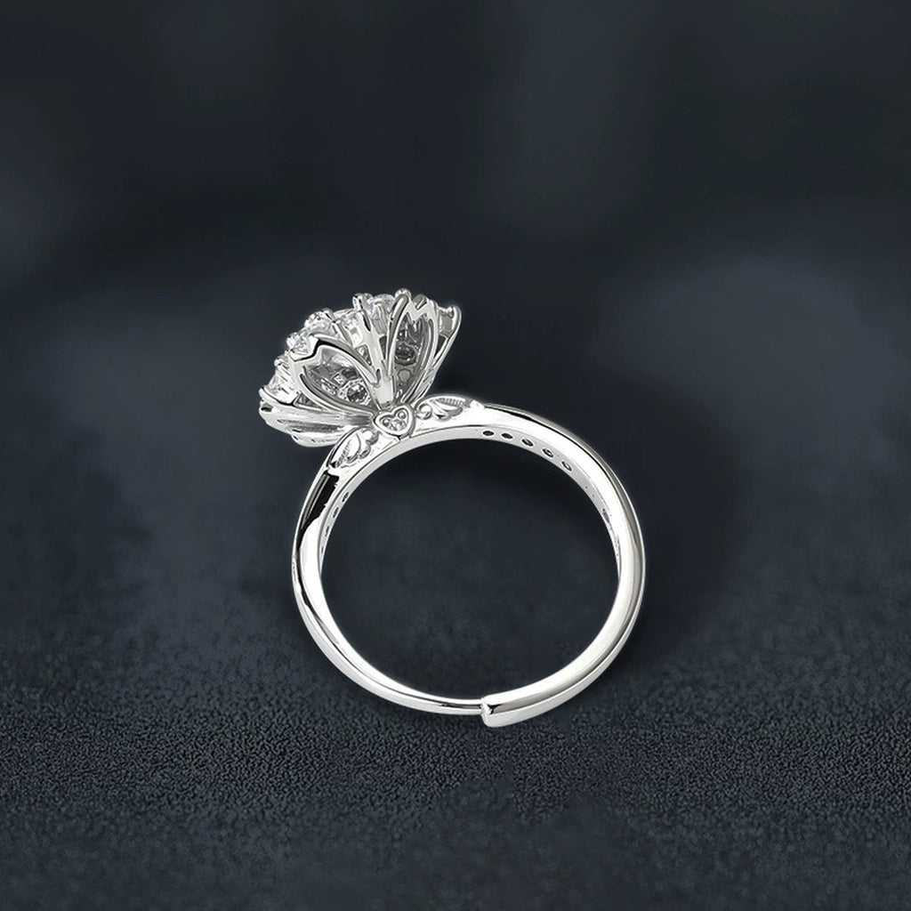 Floral Round Moissanite Adjustable Engagement Ring with CZ close-up detail view with moissanite sparkle