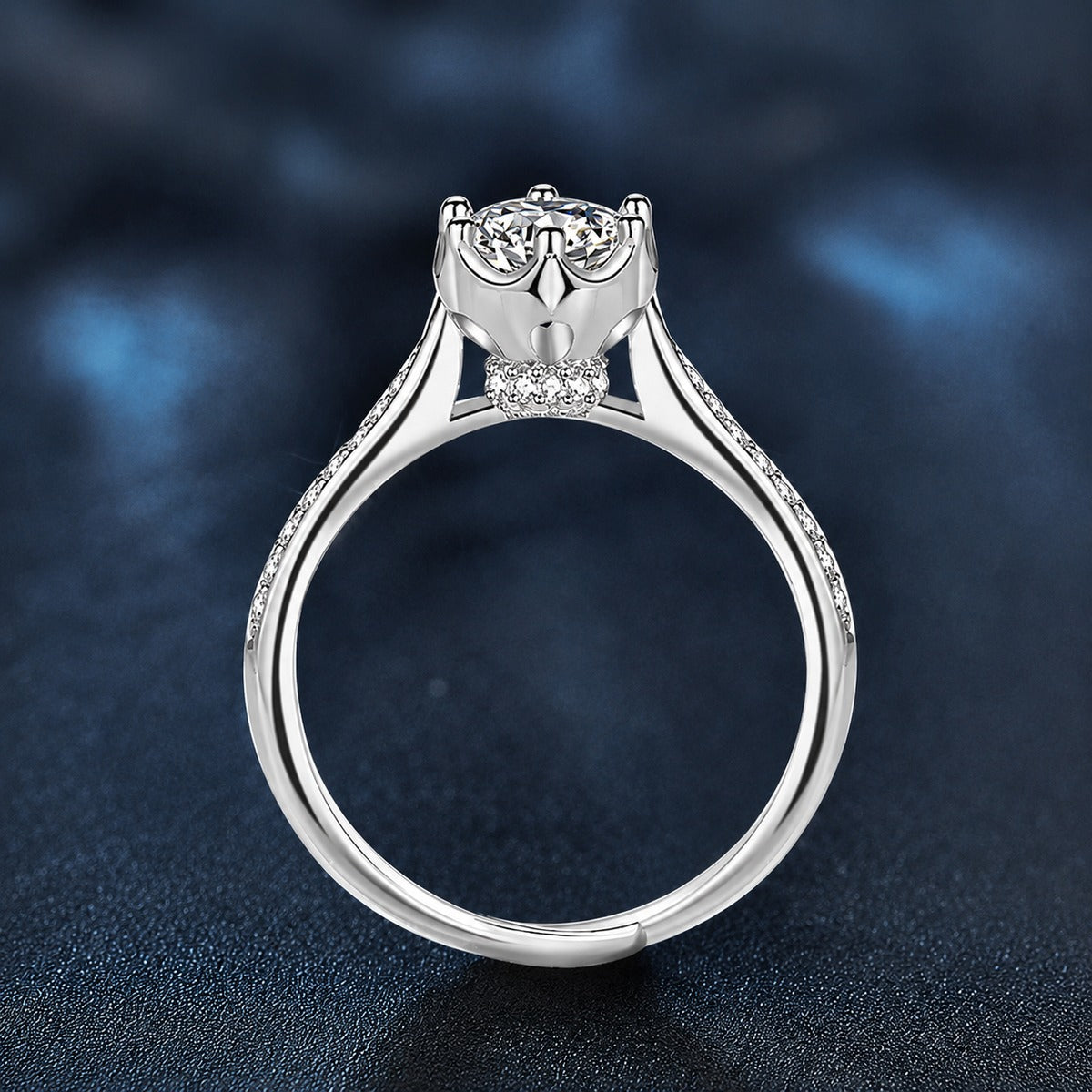 Bud Six-Prong Round Moissanite Adjustable Engagement Ring with CZ close-up detail view with moissanite sparkle