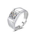 Architectural Round Moissanite Men's Wedding Ring in white gold-plated S925 sterling silver on clean white background