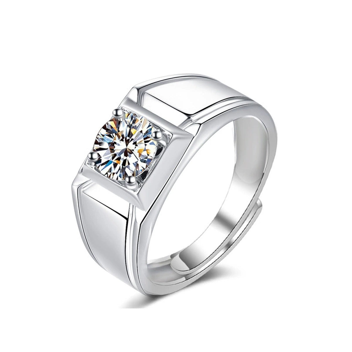Architectural Round Moissanite Men's Wedding Ring in white gold-plated S925 sterling silver on clean white background