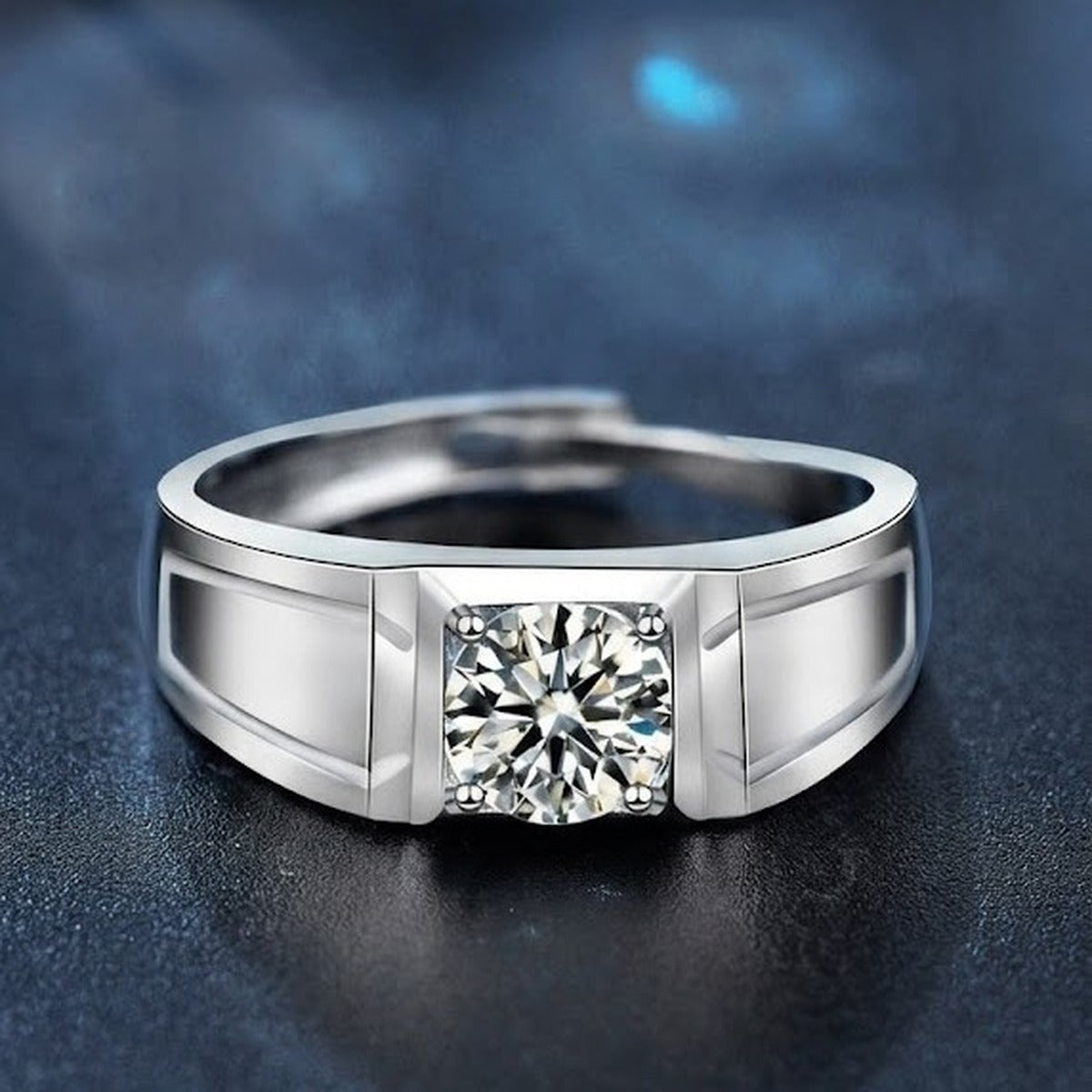 Architectural Round Moissanite Men's Wedding Ring close-up detail view with moissanite sparkle