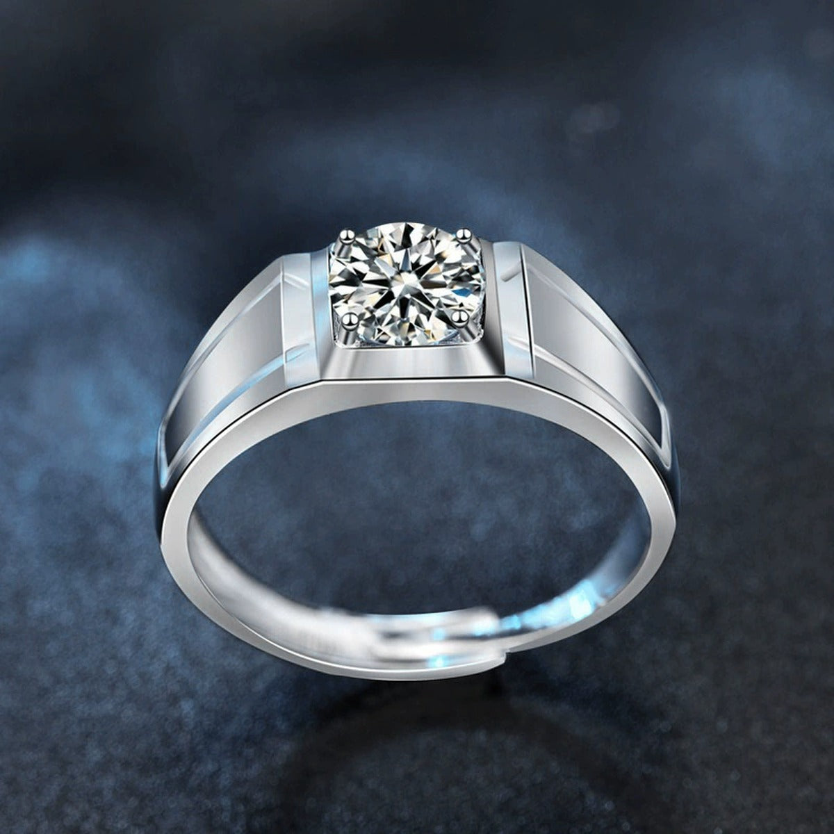 Architectural Round Moissanite Men's Wedding Ring close-up detail view with moissanite sparkle