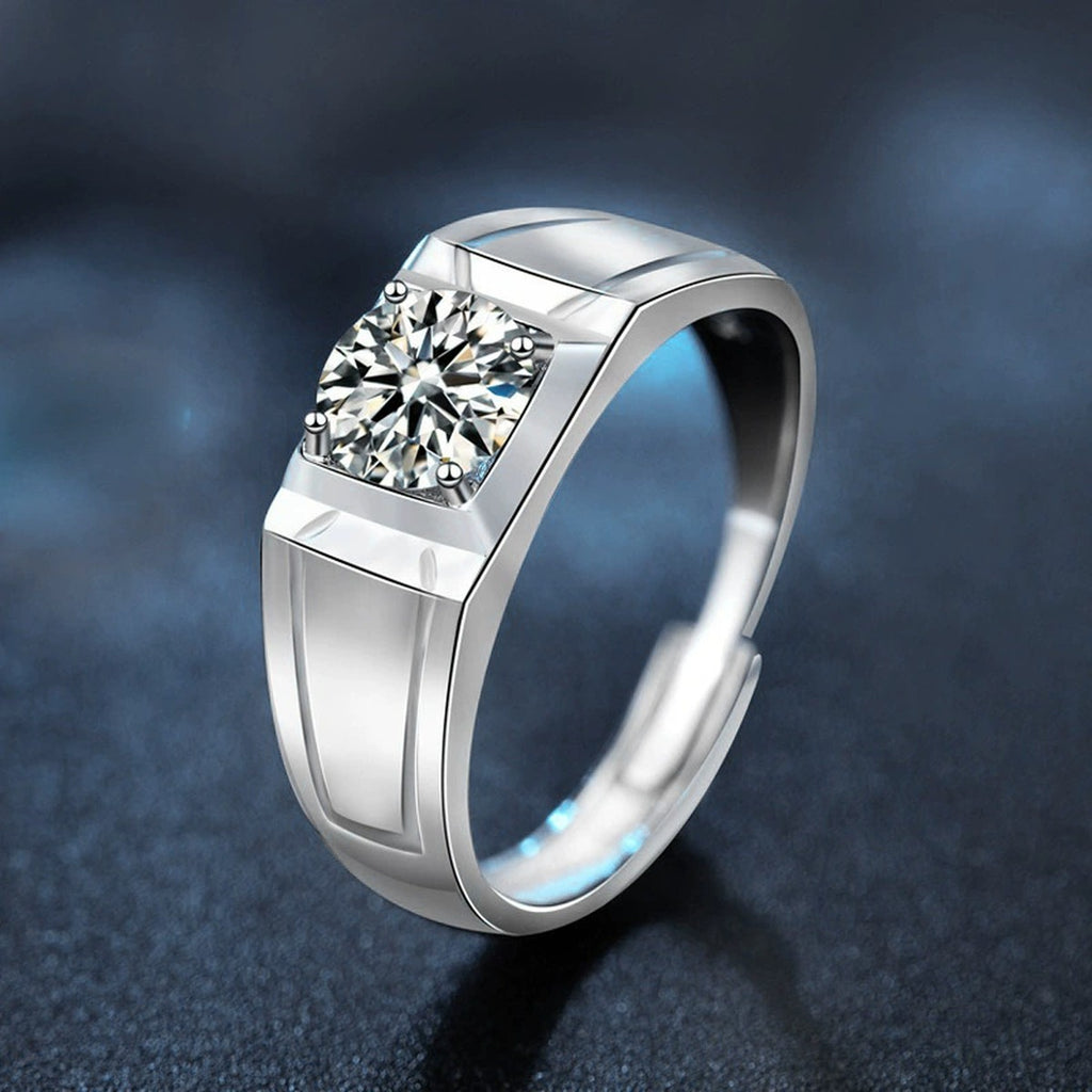 Architectural Round Moissanite Men's Wedding Ring close-up detail view with moissanite sparkle