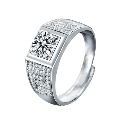 Pave Round Moissanite Men's Wedding Ring with CZ in white gold-plated S925 sterling silver on clean white background