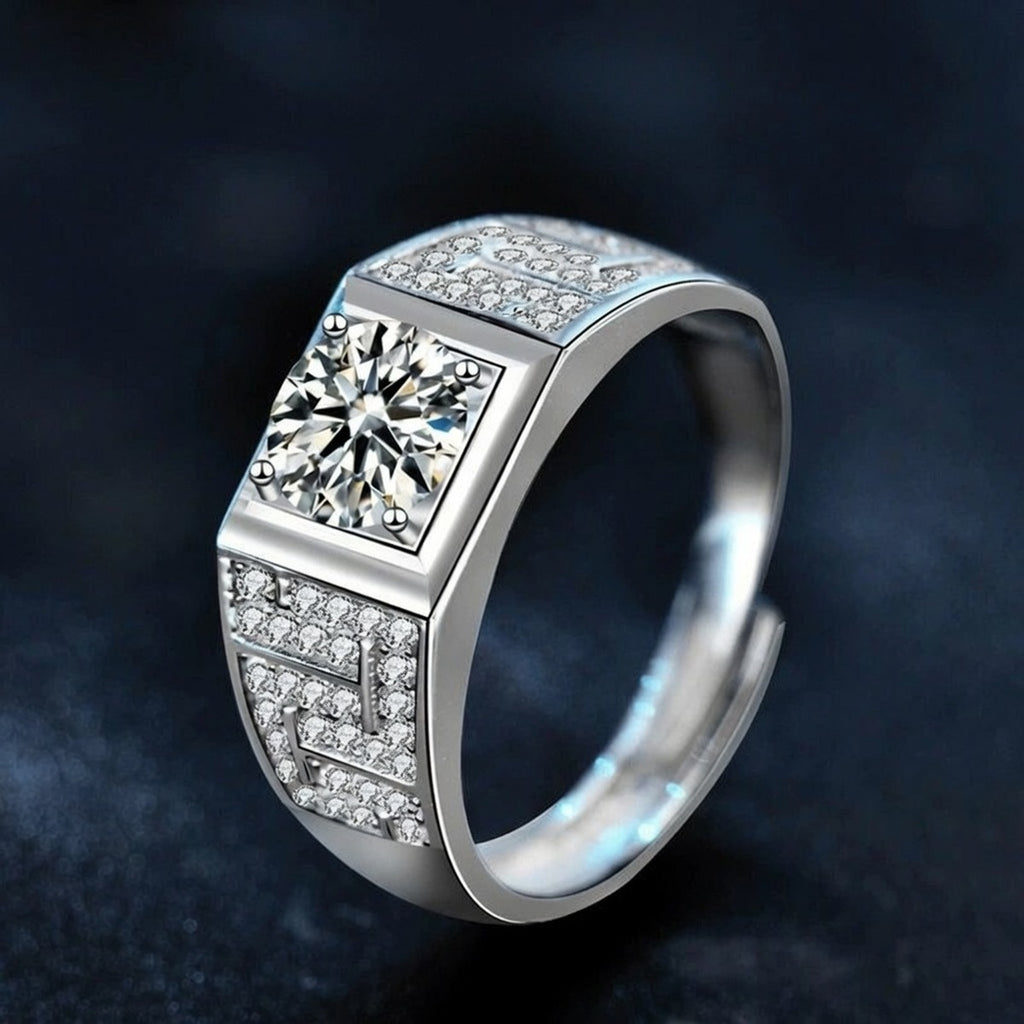 Pave Round Moissanite Men's Wedding Ring with CZ close-up detail view with moissanite sparkle