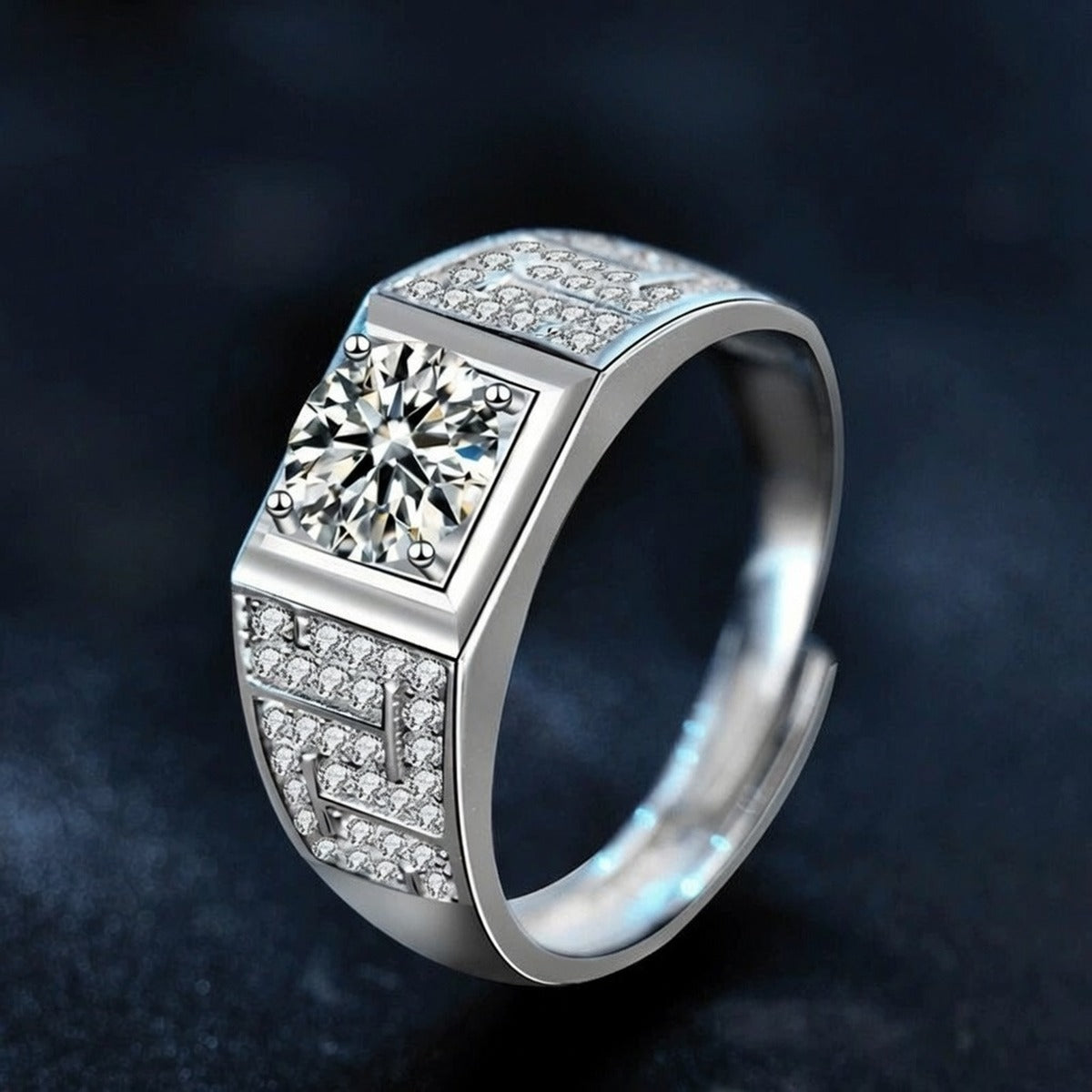 Pave Round Moissanite Men's Wedding Ring with CZ close-up detail view with moissanite sparkle
