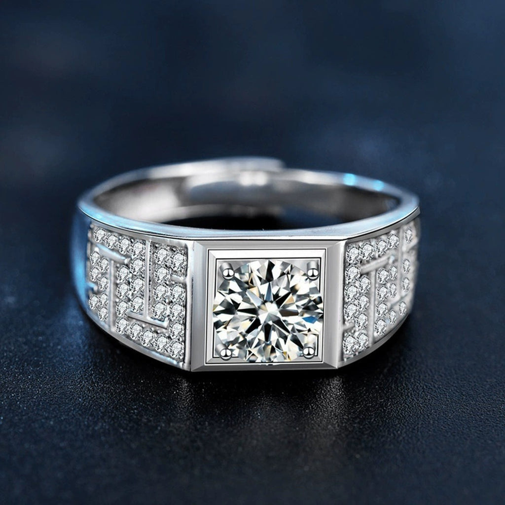 Pave Round Moissanite Men's Wedding Ring with CZ close-up detail view with moissanite sparkle