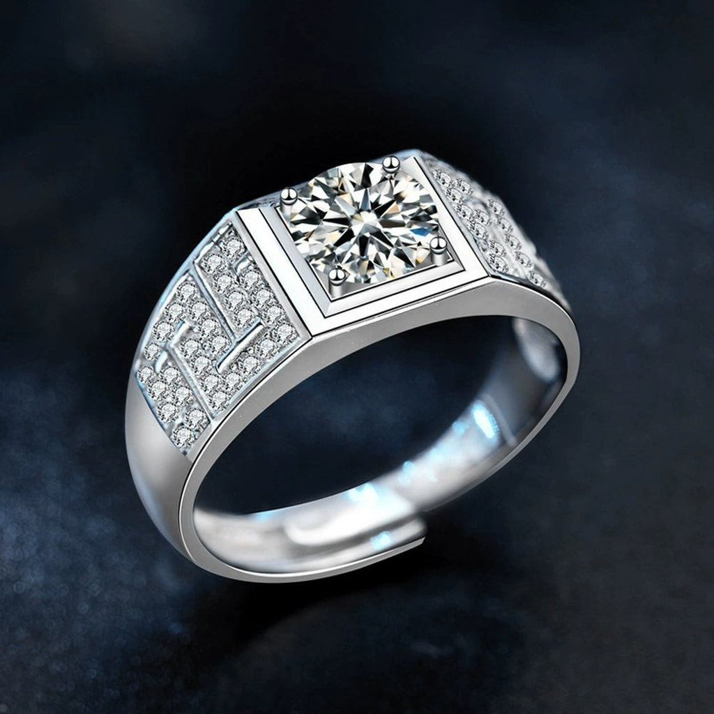 Pave Round Moissanite Men's Wedding Ring with CZ close-up detail view with moissanite sparkle