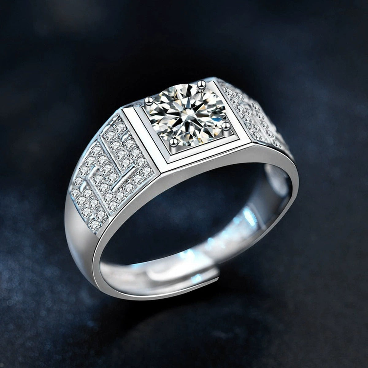 Pave Round Moissanite Men's Wedding Ring with CZ close-up detail view with moissanite sparkle