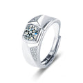 Square Halo Round Moissanite Men's Wedding Ring with CZ in white gold-plated S925 sterling silver on clean white background