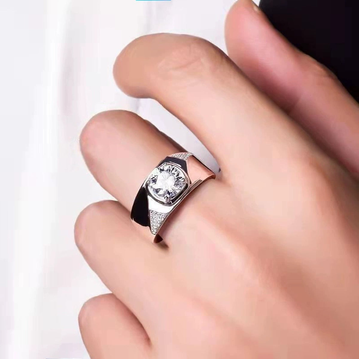 Square Halo Round Moissanite Men's Wedding Ring with CZ worn on hand to show scale, band width, and ring profile