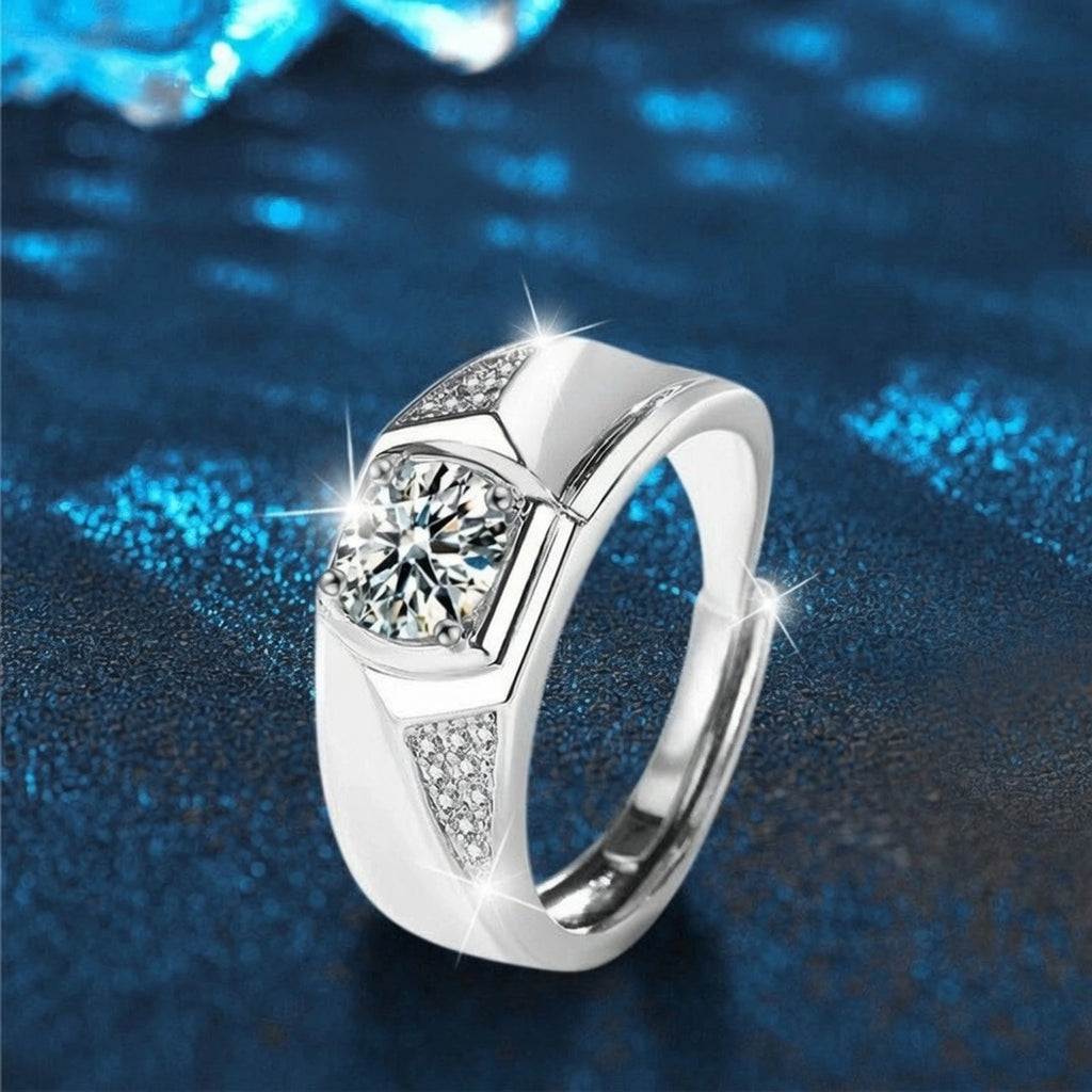 Square Halo Round Moissanite Men's Wedding Ring with CZ close-up detail view with moissanite sparkle