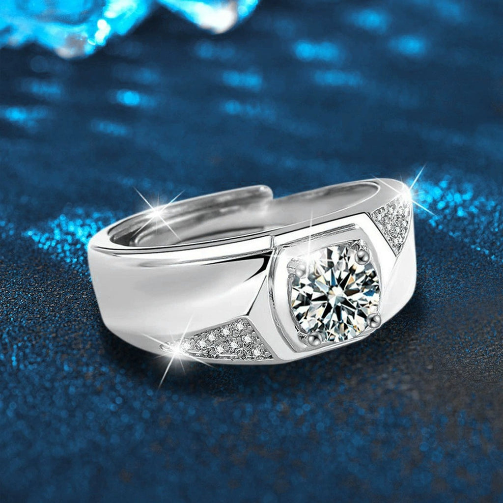 Square Halo Round Moissanite Men's Wedding Ring with CZ close-up detail view with moissanite sparkle