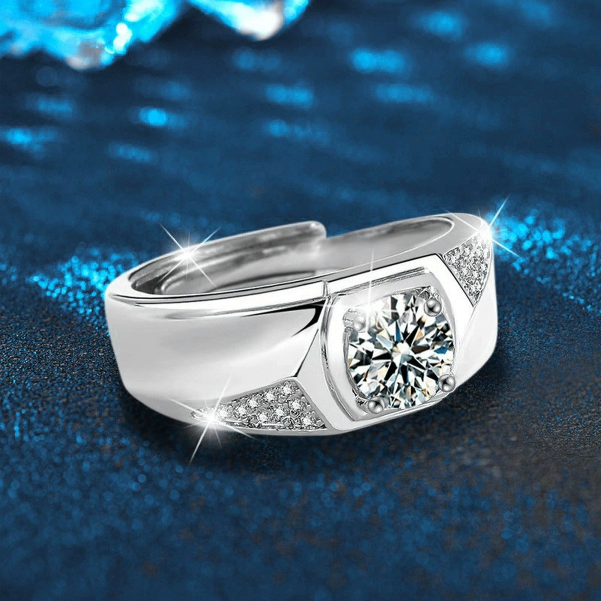 Square Halo Round Moissanite Men's Wedding Ring with CZ close-up detail view with moissanite sparkle