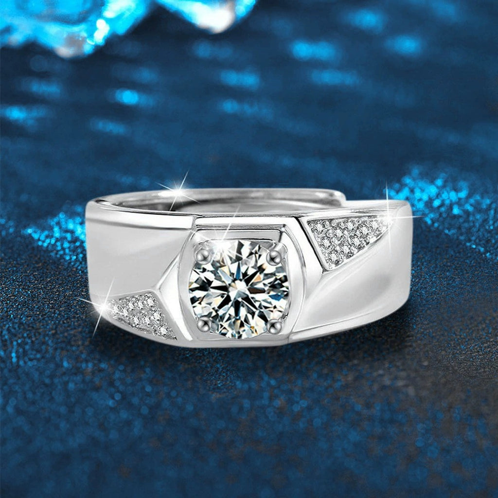 Square Halo Round Moissanite Men's Wedding Ring with CZ close-up detail view with moissanite sparkle
