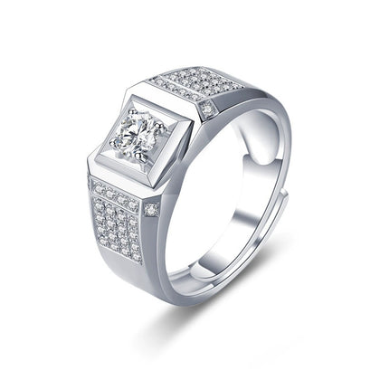 Statement 2 Carat Round Moissanite Men's Wedding Ring with CZ in white gold-plated S925 sterling silver on clean white background