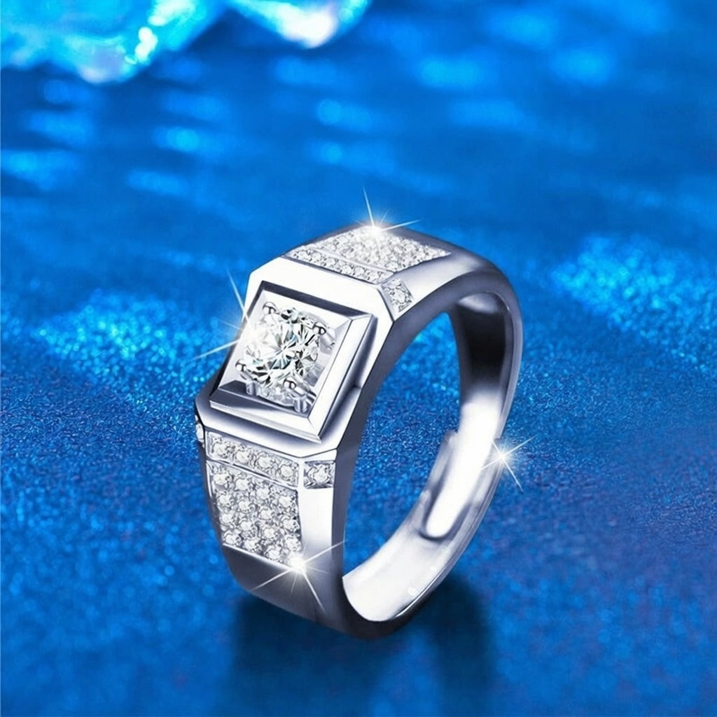 Statement 2 Carat Round Moissanite Men's Wedding Ring with CZ close-up detail view with moissanite sparkle