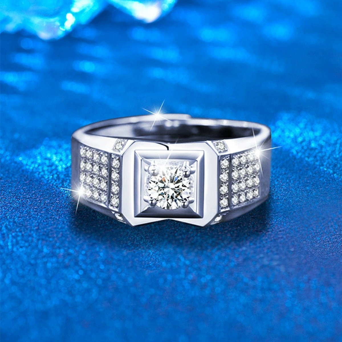 Statement 2 Carat Round Moissanite Men's Wedding Ring with CZ close-up detail view with moissanite sparkle