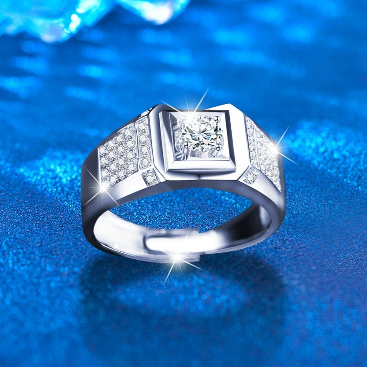 Statement 2 Carat Round Moissanite Men's Wedding Ring with CZ close-up detail view with moissanite sparkle